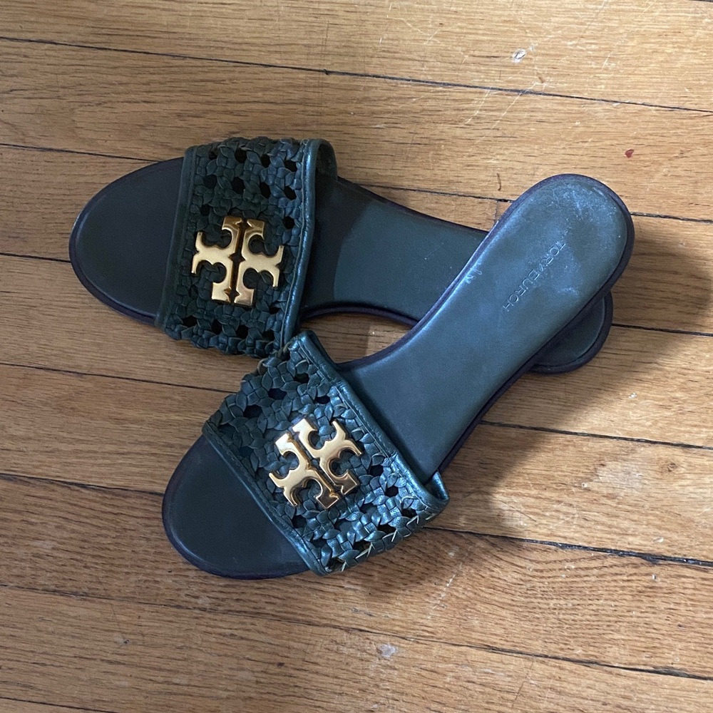 Tory Burch Green Slide Sandals with Gold Logo Accent